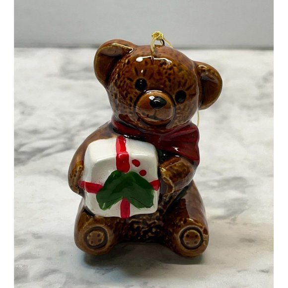 Vintage Teddy Bear Christmas Tree Ornament Ceramic Japan Holding Gift - Picture 7 of 7